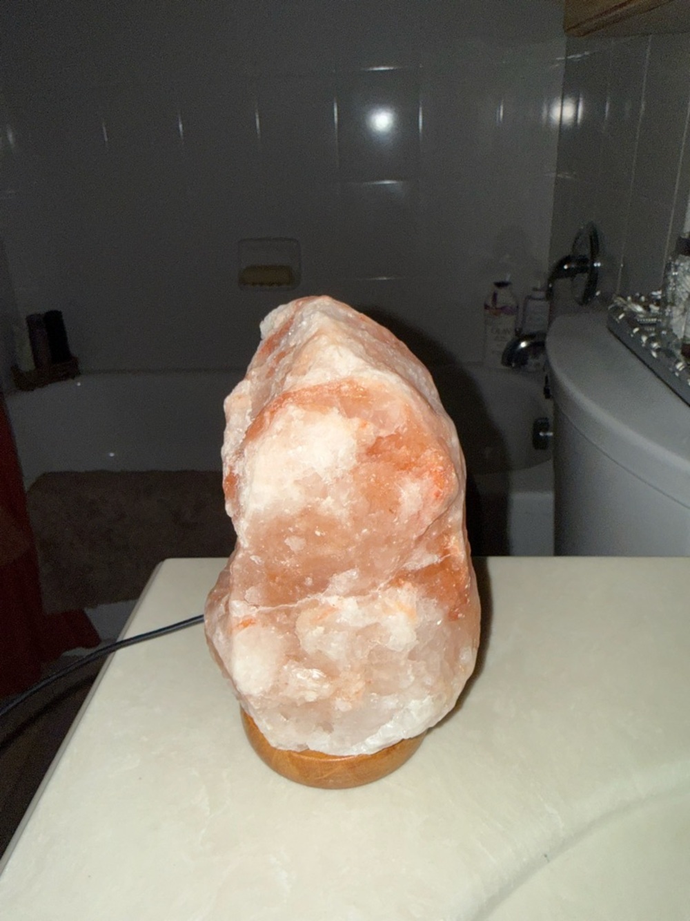 Himalayan Salt Sculpture Lamp in Pink-Orange on Wood Base
